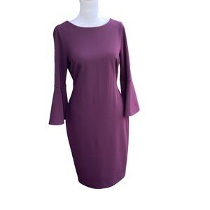 Calvin Klein Ladies Purple Dress Exposed Gold Back Zipper Bell Sleeve Fitted 4P‎